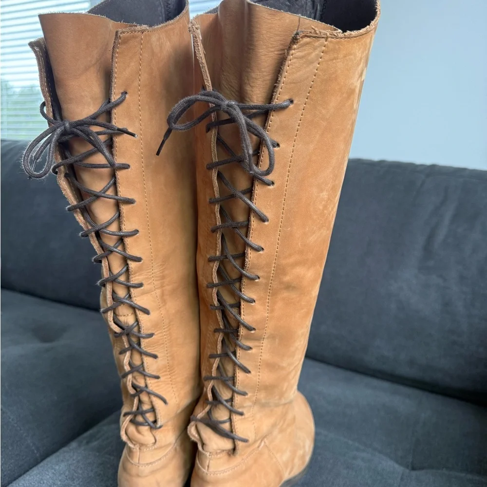 Sundance Tall Lace-Back Suede Boots in Tan